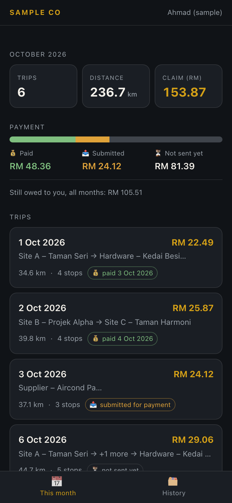 Mileage Claim System — real screen, sample data