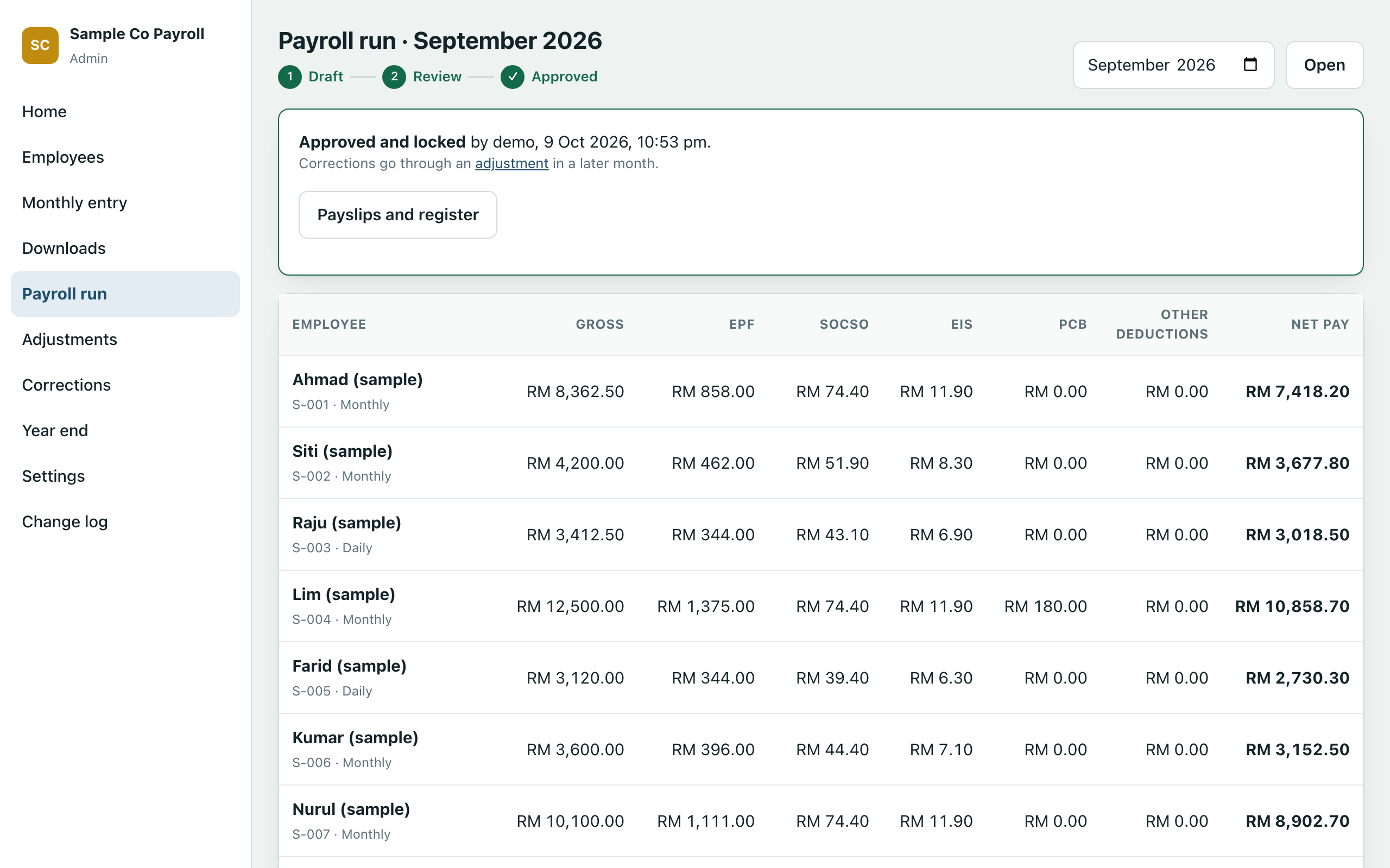 Daily-Wage Payroll System — real screen, sample data